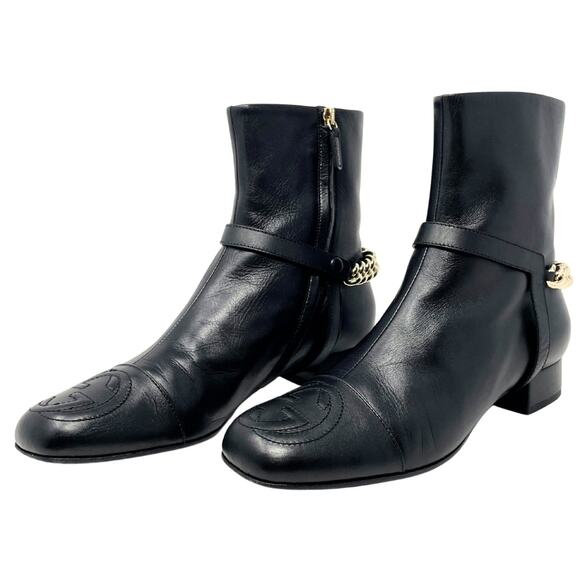 Gucci Boots GG Logo Monogram Western Chain Black Leather Ankle Booties Shoes 39 - Picture 2 of 13